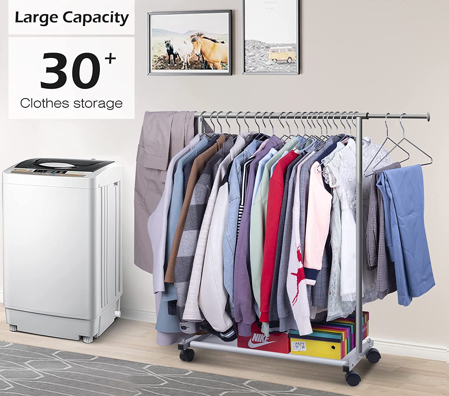 MISSLO Short Clothing Racks for Hanging Clothes with Bottom Shelves and Wheels Heavy Duty Rolling Clothes Rack Kids Clothing Rack for Adult Coat, Closet, Wardrobe image number 5