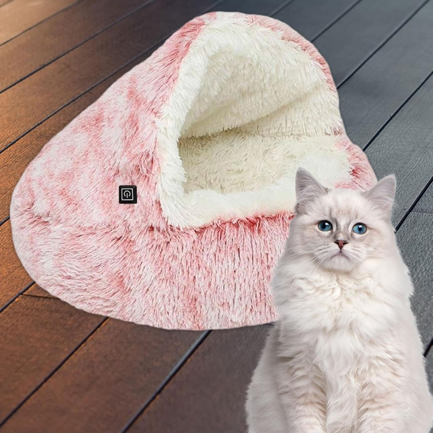 MFMEXUL Heated Cat Bed, Semi-Enclosed round Puppy Nest, Autumn and Winter Pet Supplies Pad, Pink