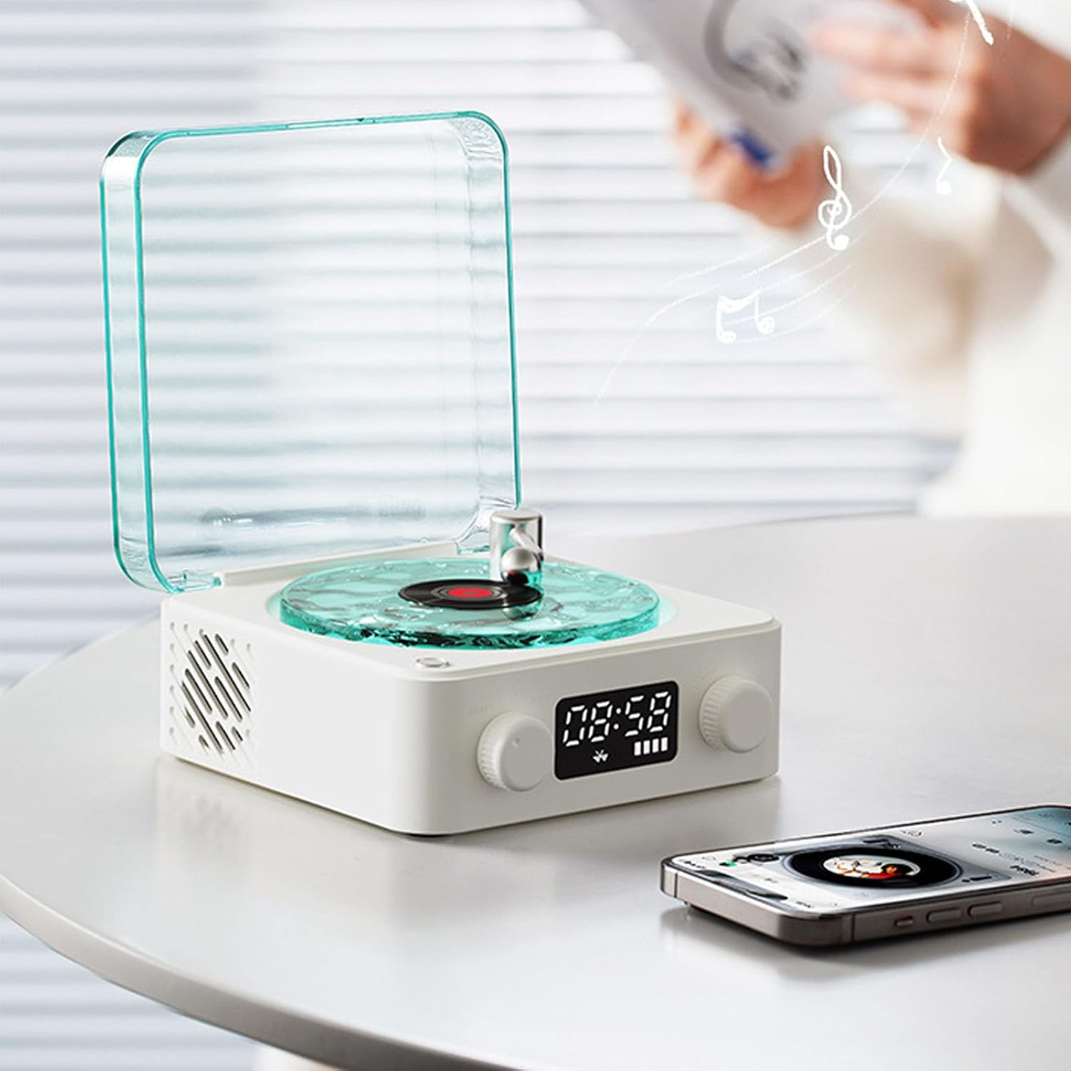 Vintage Record Player BT Speaker, Time Display Clock and Soft Night Light Design, Portable 4 Modes Cordless Turntable Stereo Speaker for Home Bedroom (White) image number 5