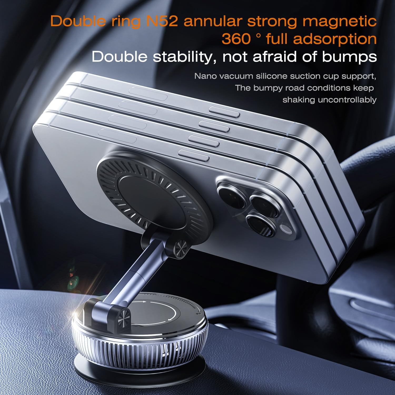 Magnetic Car Phone Holder with 360&deg; Rotation and Reinforced Ultra Suction Cup for Easy Installation - Universal Dashboard or Windshield Mount, Compatible with Magsafe, Iphone, and Android Devices