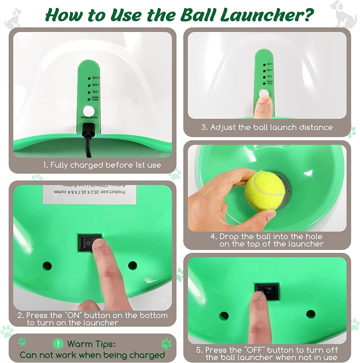 Automatic Dog Ball Launcher, Dog Ball Thrower with 6 Balls, 3 Adjustable Distance Settings,Dog Toy for Indoor and Outdoor (Green) image number 4