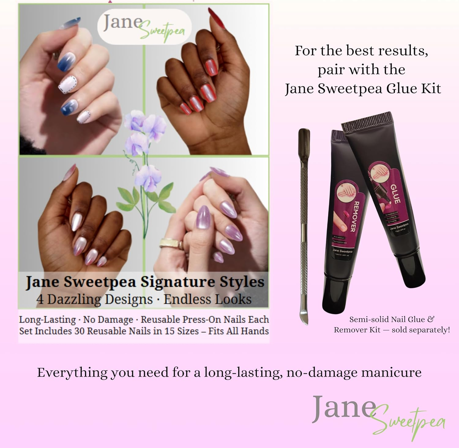 Rainbow Rush Press-On Nails Nailway X Jane Sweetpea&ndash; Salon-Quality Glossy Diagonal French Rainbow Medium Long Reusable Tips 24-Piece Set &ndash; Nail Glue & Tabs Included image number 1