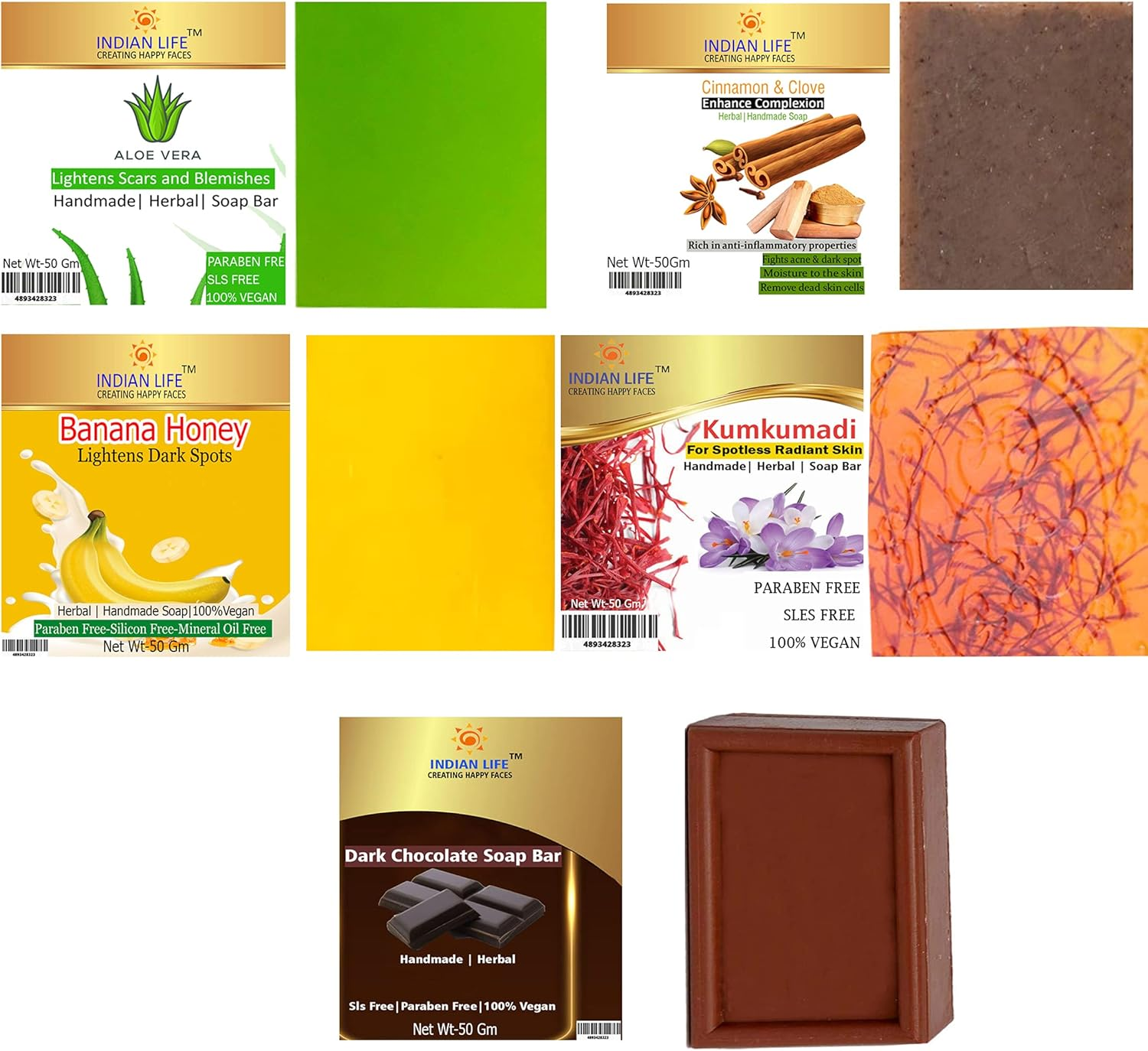 Luxurious Handmade Soap for Bridal Grooming Aloe Vera- Cinnamon-Banana-Kumkumadi- Dark Chocolate Paraben Free|Sls Free| Mineral Oil Free(Pack of 5) 50 Gm Each image number 3