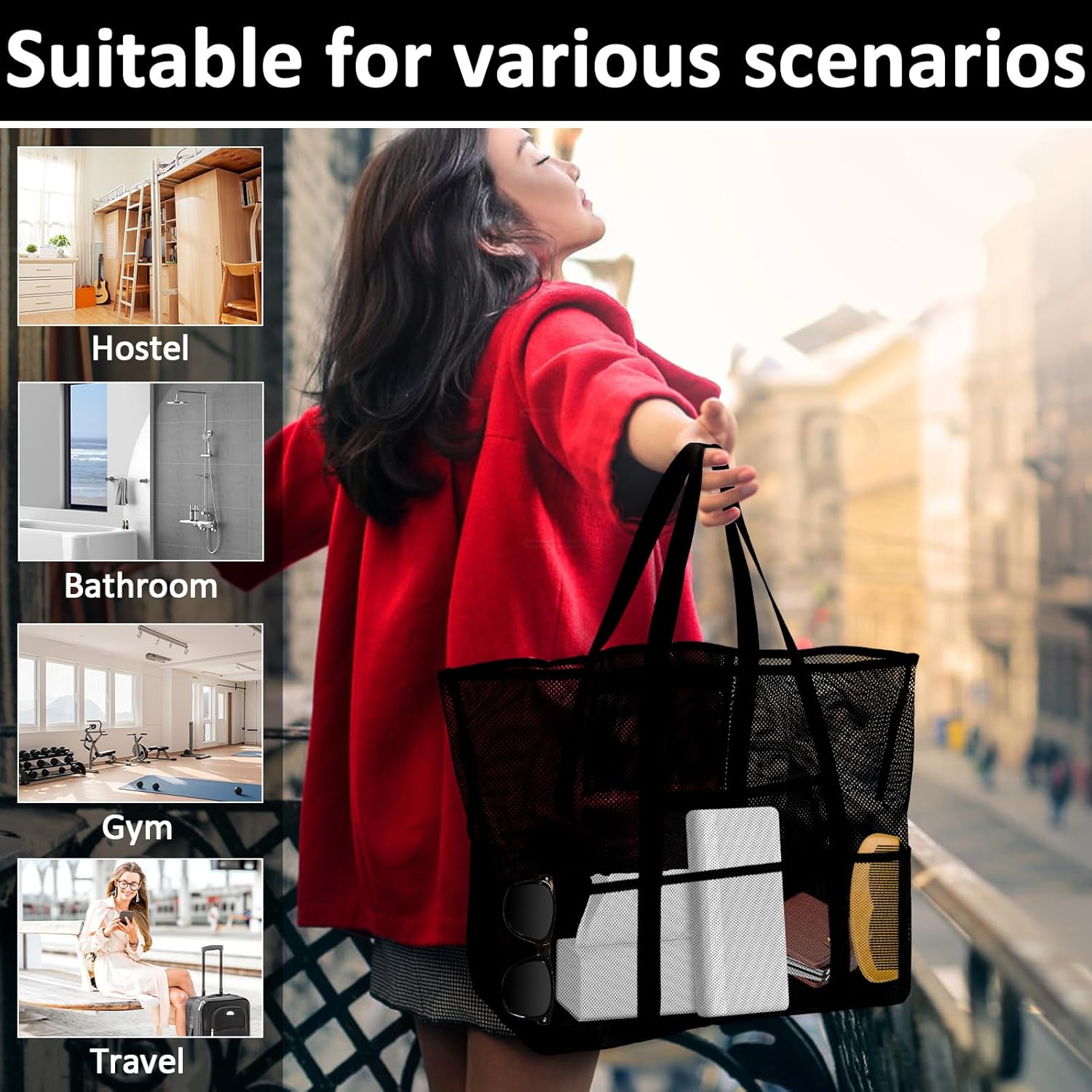 ZFLYCANP Portable Mesh Shower Bag Caddy with 8 Pockets and Handles, Toiletry Bath Organizer, Toiletry Bath Organizer for Bathroom Gym Travel Camp Beach (Black) image number 2