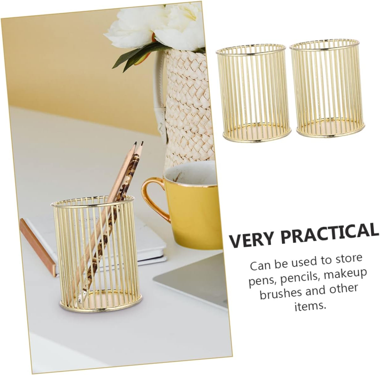 NUOBESTY Metal Pen Holder Set 2Pcs Gold Desktop Organizer Multifunctional Stationery Storage for Office Supplies Creative Brush Container image number 4