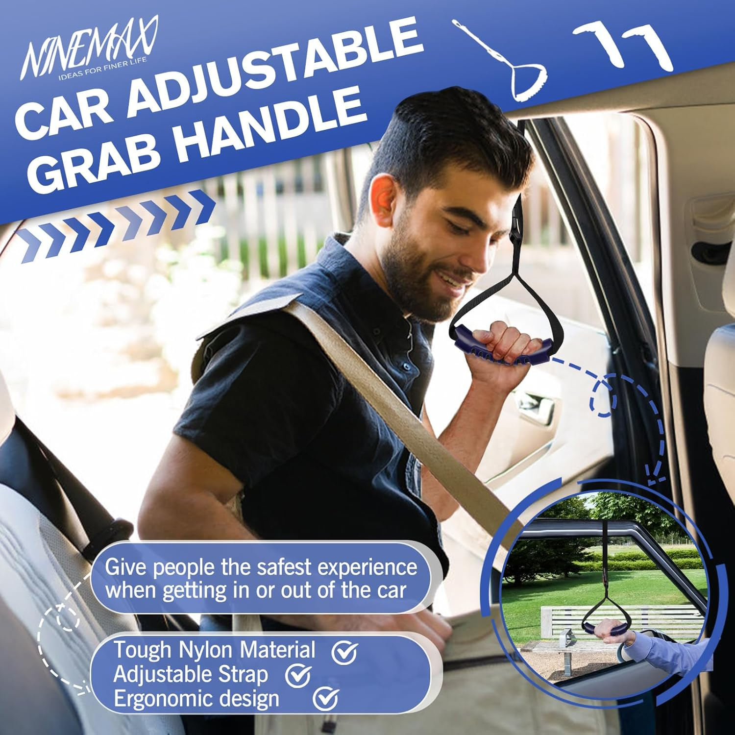 NINEMAX Car Door Grab Handle and Strap Tool Kit - Mobility Aid Auto Assist Grab Bar Vehicle Seat Transfer Handles Handicapped Accessories - Car Door Assist Handle for Elderly(Blue)