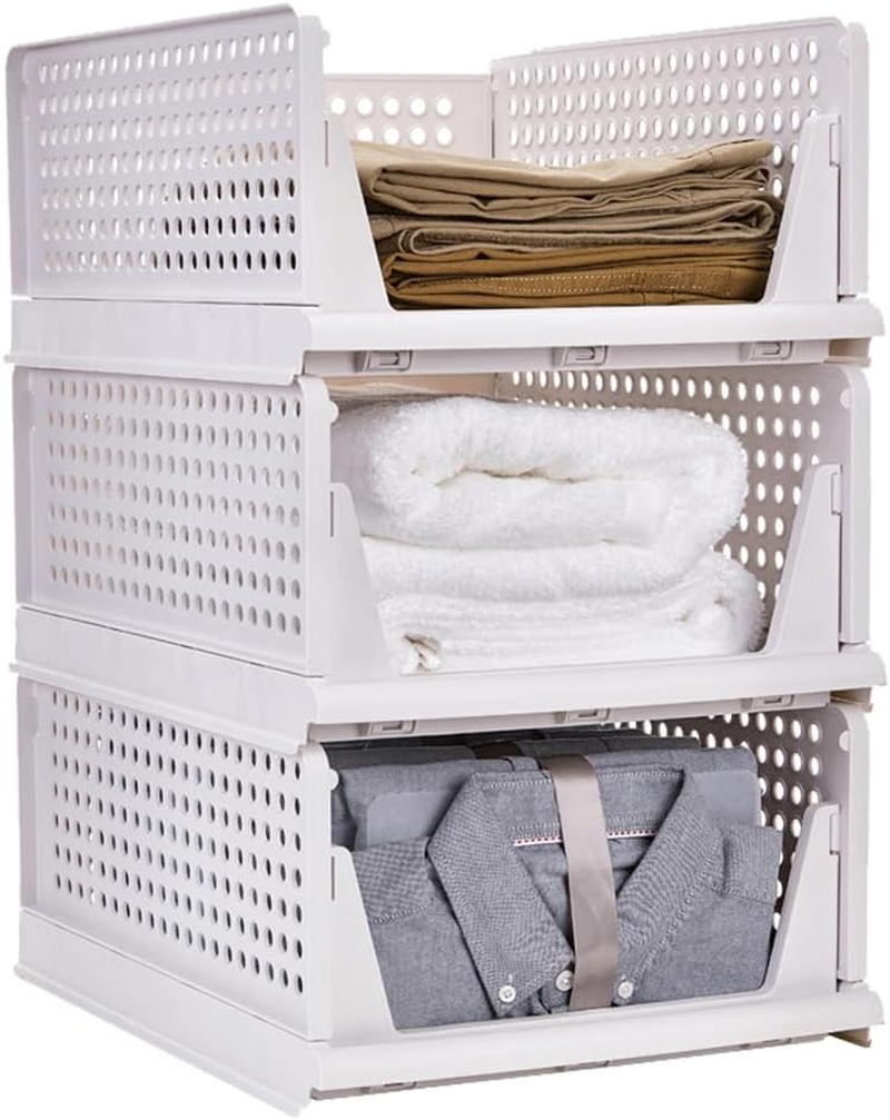 3 Pack Stackable Clothes Storage Folding Wardrobe Storage Box Basket Organizer Bins Sliding Cabinet Drawer Shelf for Wardrobe Cupboard Kitchen Bathroom Office (White) image number 2