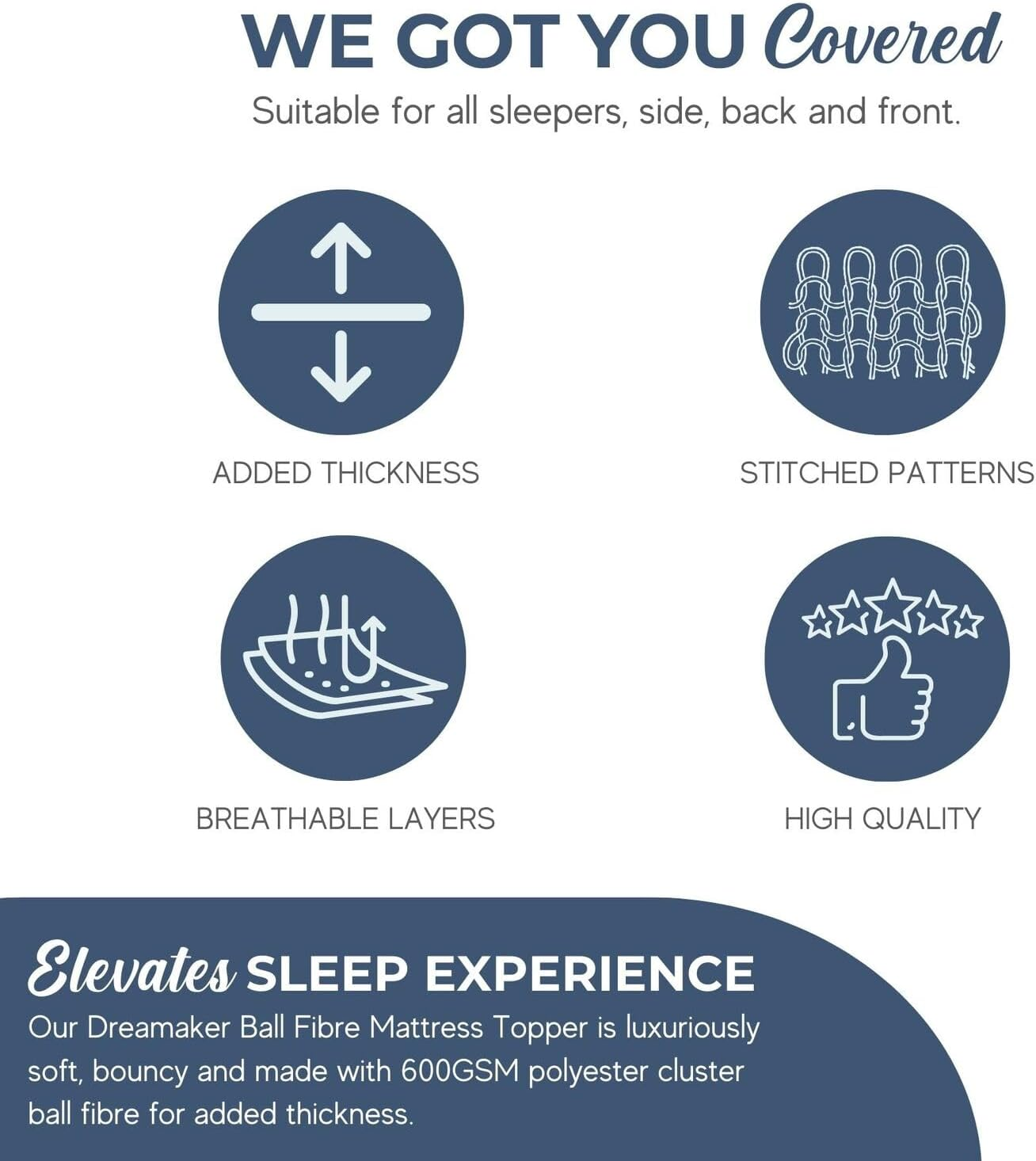 Dreamaker Hotel Collection Mattress Topper, 100% Cotton Dobby Sateen Quilted Cover, 600GSM Memory Resistant Ball Fibre Fill, Fully Fitted Skirt, Treated for Anti-Bacterial Protection - Queen Bed image number 3