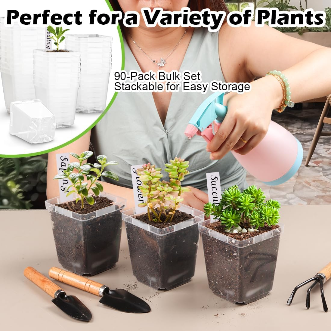 Rootrimmer 3.3 Inch Clear Nursery Pots with Drainage,90 Pack Square Seedling Pots with Plant Lables,Reusable Seed Starter Pots for Succulents Transplanting Herbs Flowers Tomato Windowsill Gardening image number 6