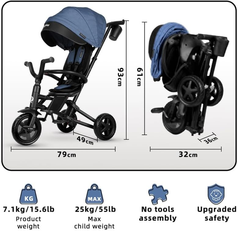 Q Play 6 In1 Kids Foldable Tricycle Toddler Stroller Trike Bike Ride on Toy Nova (Blue) - Blue image number 2