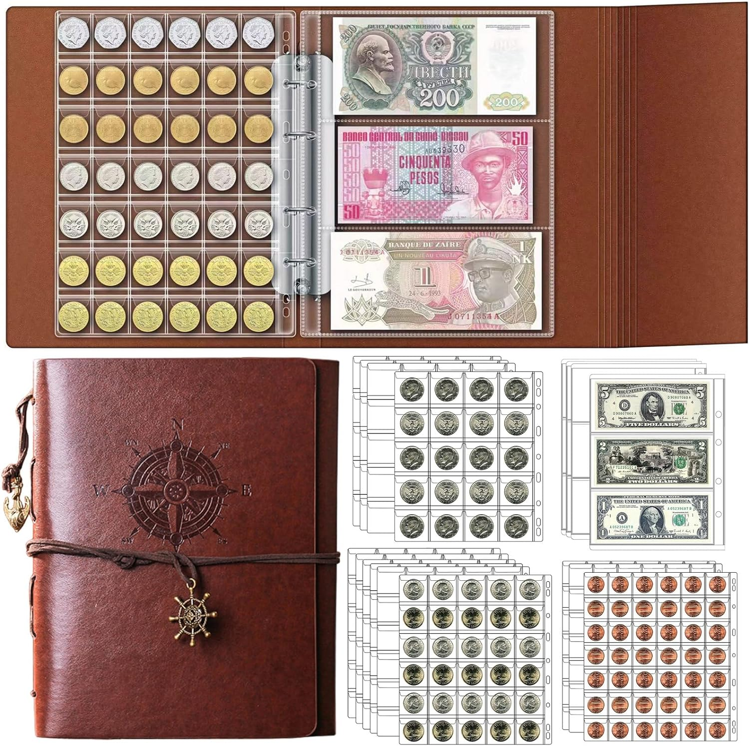 Ettonsun Coin Collection Book 386 Coin Pockets & 12 Currency Sleeves, Coin Collecting Album Holder for Collectors Money Collection Book Coin Display Storage Case Organizer for Coin Collection Supplies image number 4
