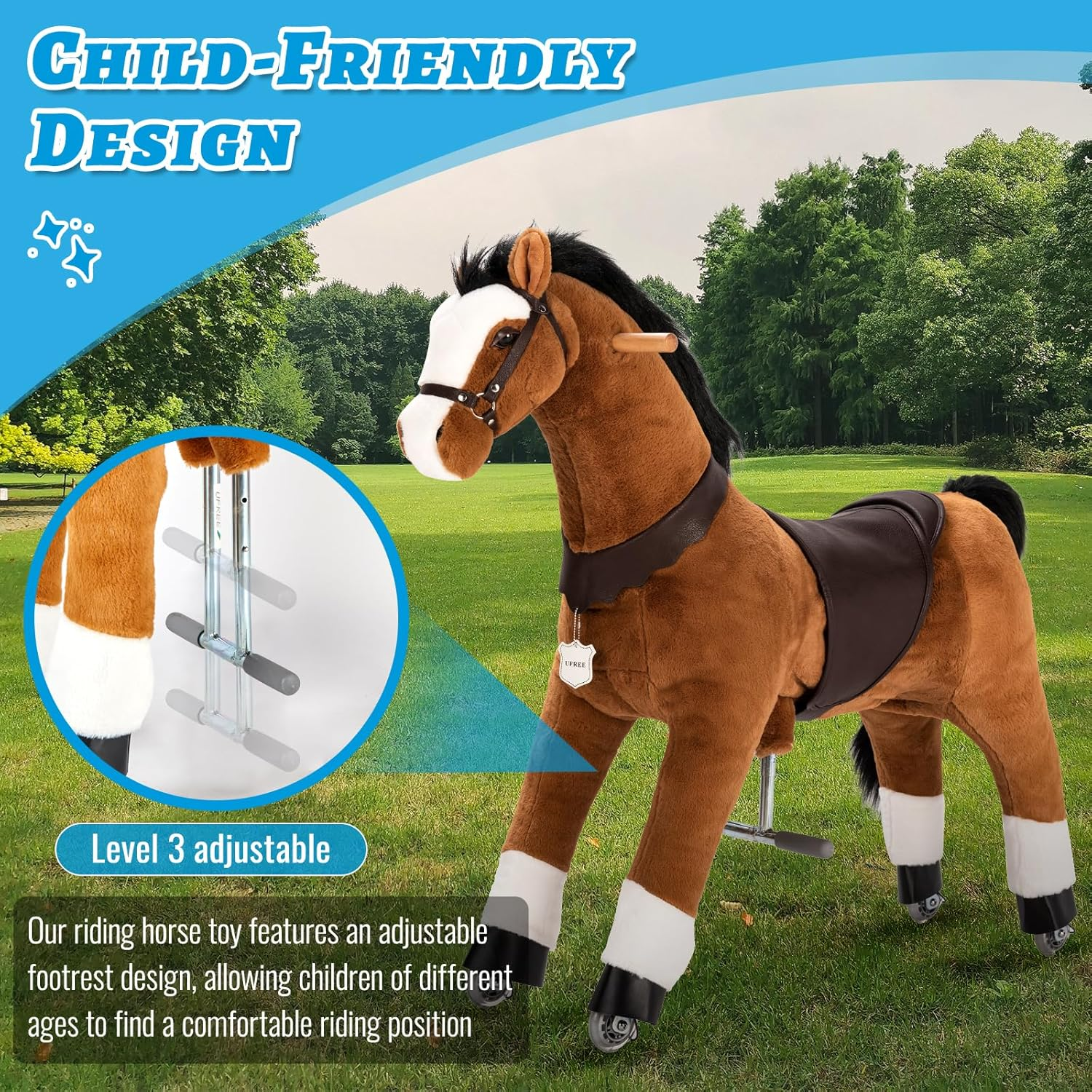 UFREE Ride on Horse, Horse Ride on Toy, Mechanical Horse, Plush Animal, Black Mane and Tail, Age 4-9 image number 1