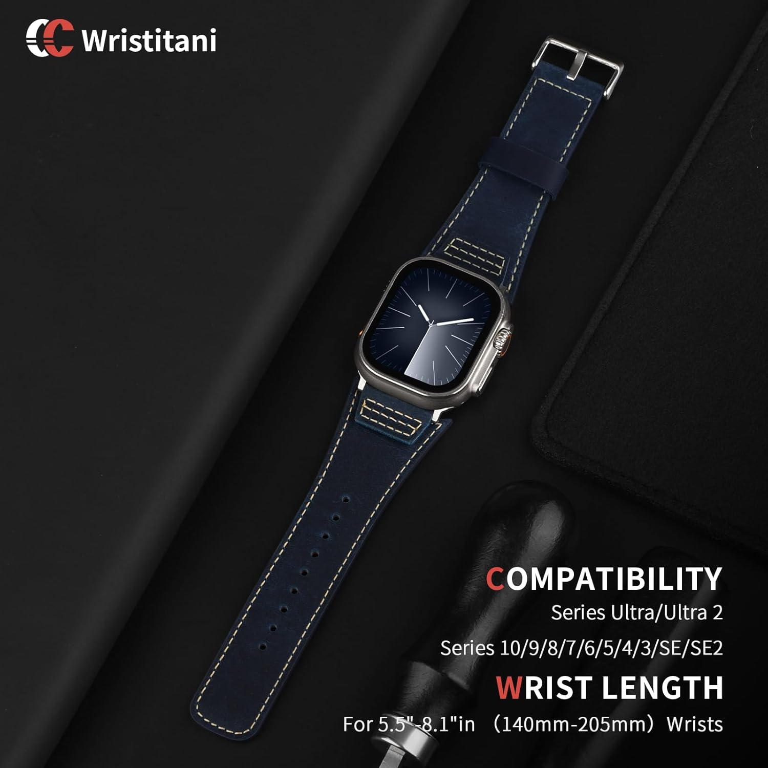 Wristitani Leather Bands Compatible with Apple Watch Band 49Mm 46Mm 45Mm 44Mm 42Mm 41Mm 40Mm for Men, Top Genuine Leather Replacement Strap for Iwatch Ultra2 Ultra Series 10 9 8 7 SE2 SE 6 5 4 3 image number 4