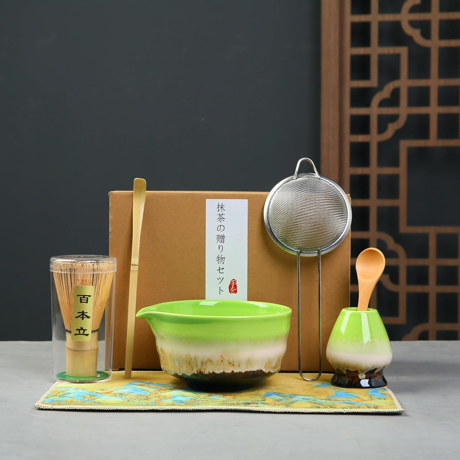 6Pcs Matcha Kit Set,Matcha Set Includes Bowl with Spout and Bamboo Matcha Whisk, Bamboo,Matcha Scoop, Spoon and Stainless Sifter, Japanese Tea Making Tools, Bottle Green Matcha Kit (Pink)