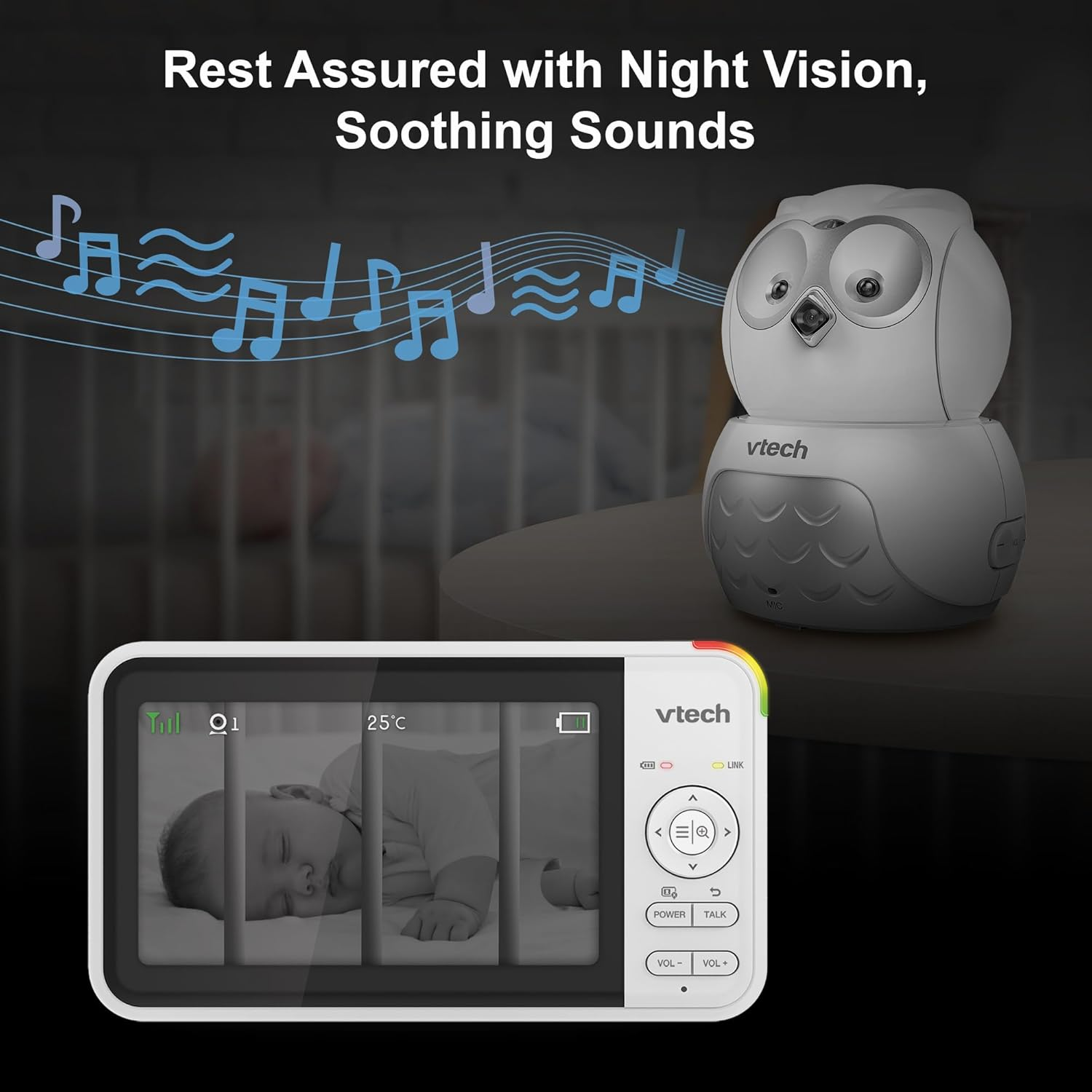 Vtech BM5550-OWLN 5" 2-Camera Full Colour Pan & Tilt Video & Audio Baby Monitor with 2-Way Talk, Soothing Sounds, Room Temperature Monitor, up to 17 Hours Battery Life image number 1