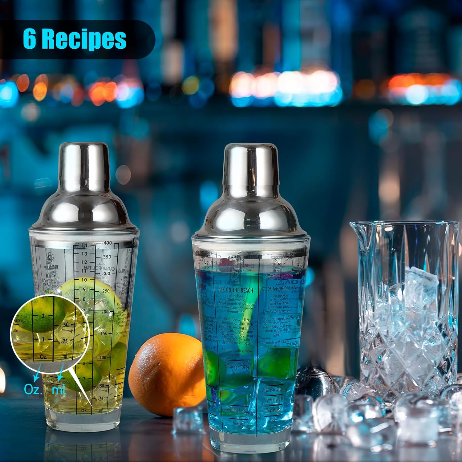 Ailelan Glass Cocktail Shaker with Strainer, 14Oz Martini Shaker with 6 Recipes on Side, Clear Drink Shaker Bottle with Measurements, Bar Shakers Set Bartender Kit for Mixing Cocktail, Margarita image number 3