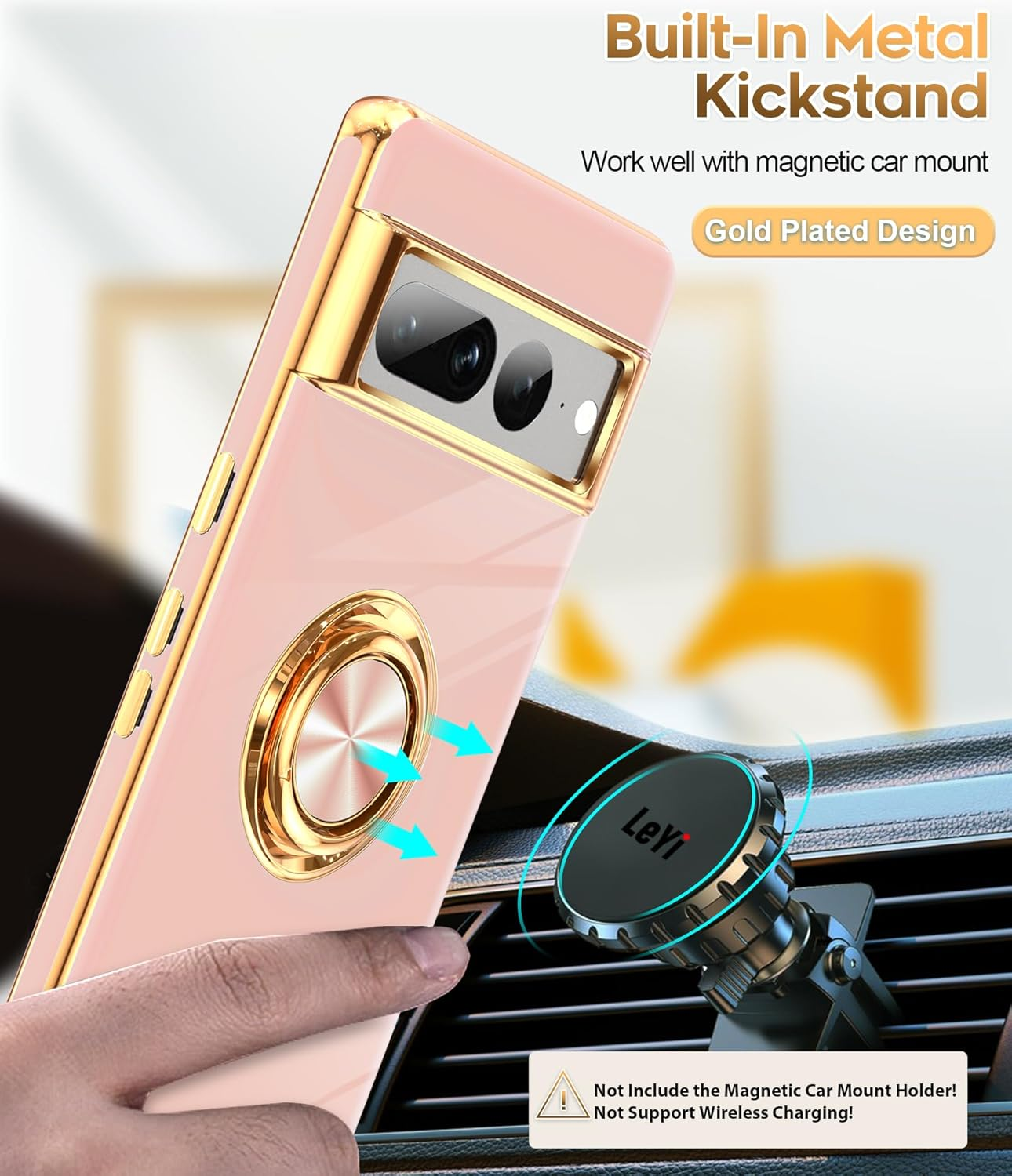 Leyi for Google Pixel 7 Pro Case: 360&deg; Rotatable Ring Holder Magnetic Kickstand, Plating Rose Gold Edge Protective Google Pixel 7 Pro Case, Pink