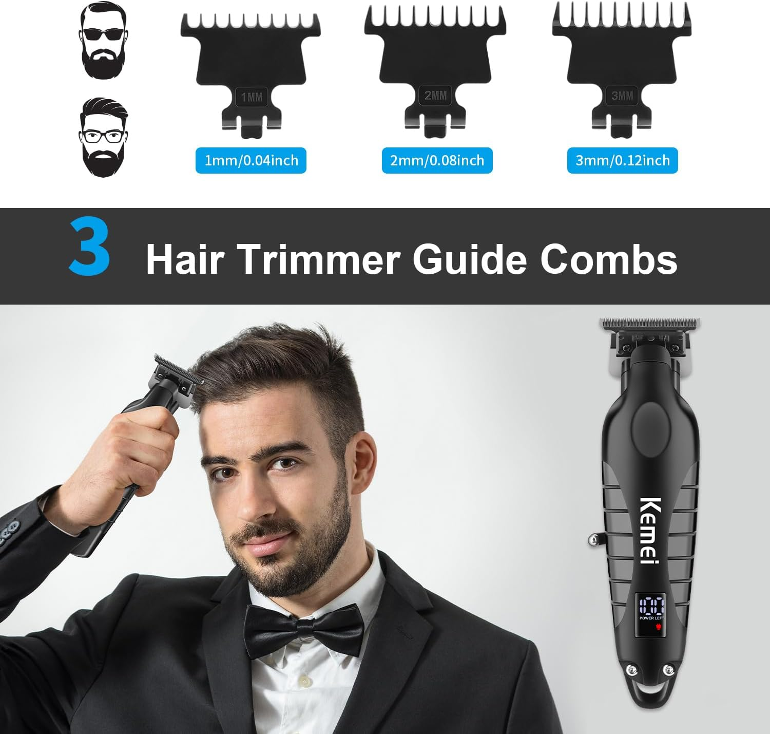 KEMEI Trimmer Professional Cordless Hair Clipper for Men Electric Beard Trimmers Barber Hair Cuttings Kit, Zero Gapped T Blade Trimmers with LCD Display, KM-2293, Black image number 6