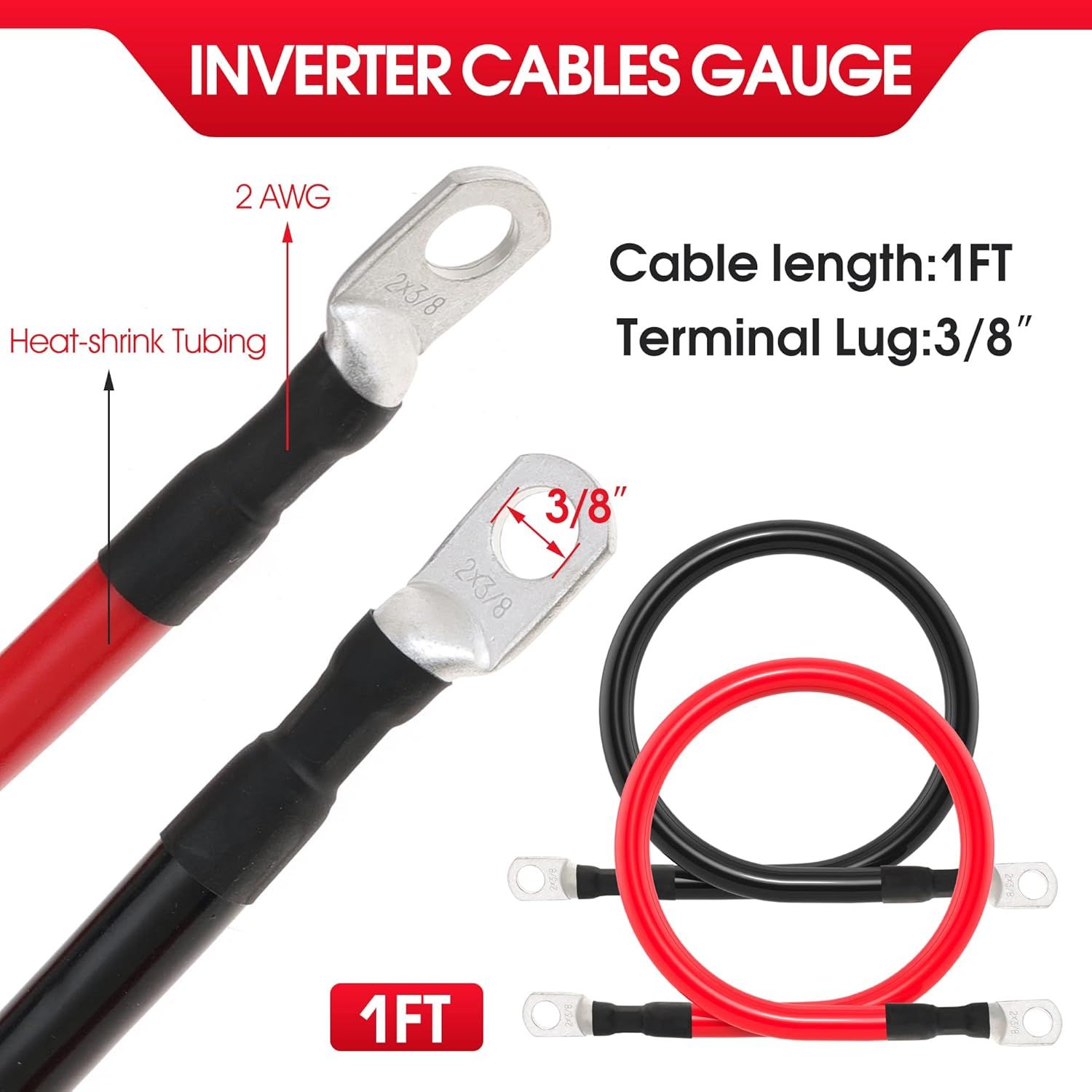 2 AWG Battery Cable 2AWG Gauge Battery Inverter Cables with 3/8 in Lugs Pure Copper Power Inverter Wire Set for Solar Marine Boat RV Car Motorcycle 2Pcs (1FT) image number 4