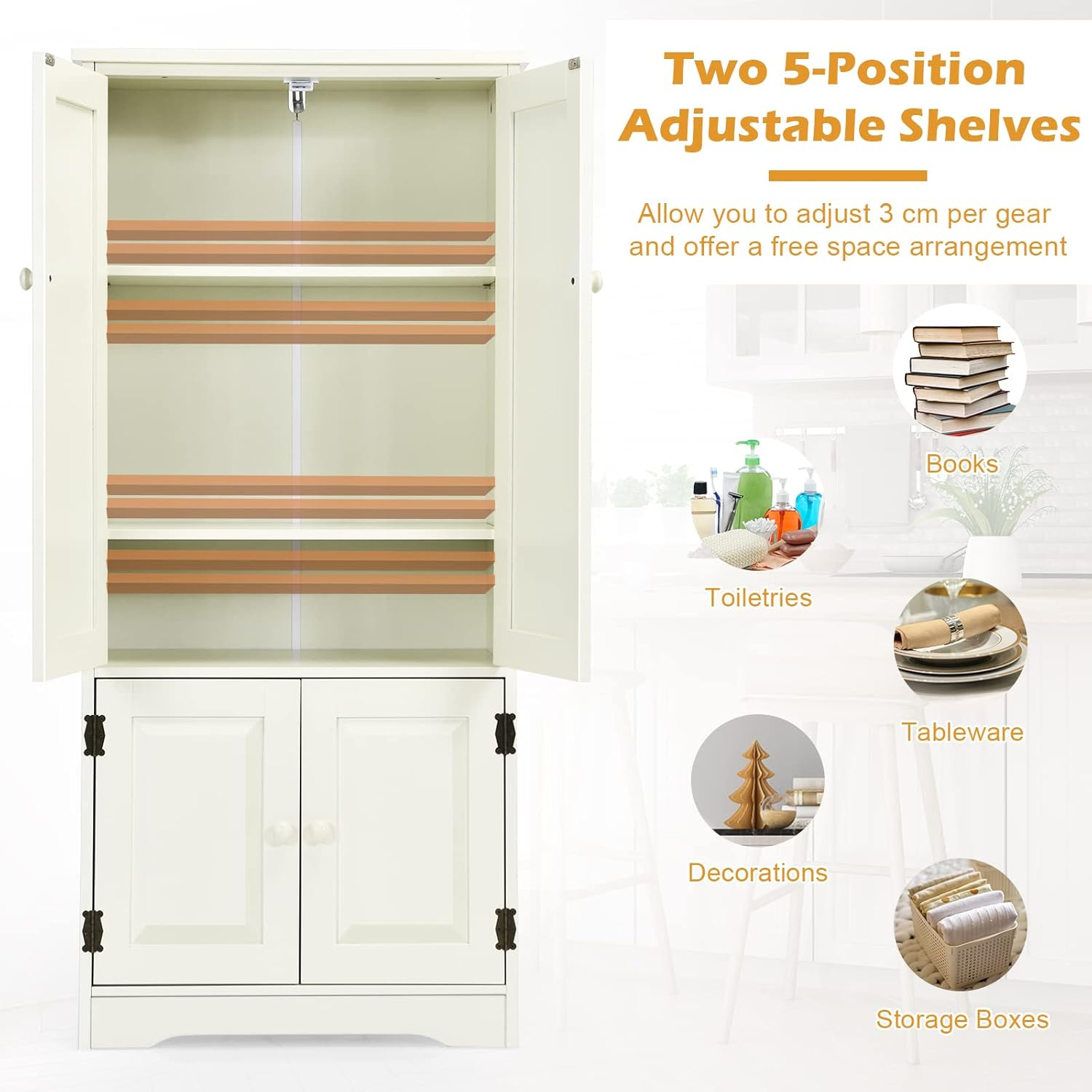 Giantex Freestanding Floor Cabinet, Pantry Cabinet Wooden Cupboard Organizer, Adjustable Shelf & Anti-Tilt Design, Sideboard Buffet Cabinet for Bedroom Bathroom Living Room, Ivory image number 1