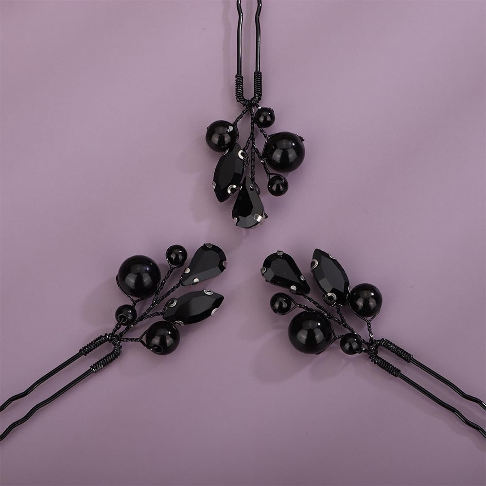 Kercisbeauty 3Pcs Small Cute Black Rhinestones Beads Hair Pins Set for Women Girls Halloween Party Prom Hair Jewelry Wedding Bridal Handmade Hair Piece image number 4