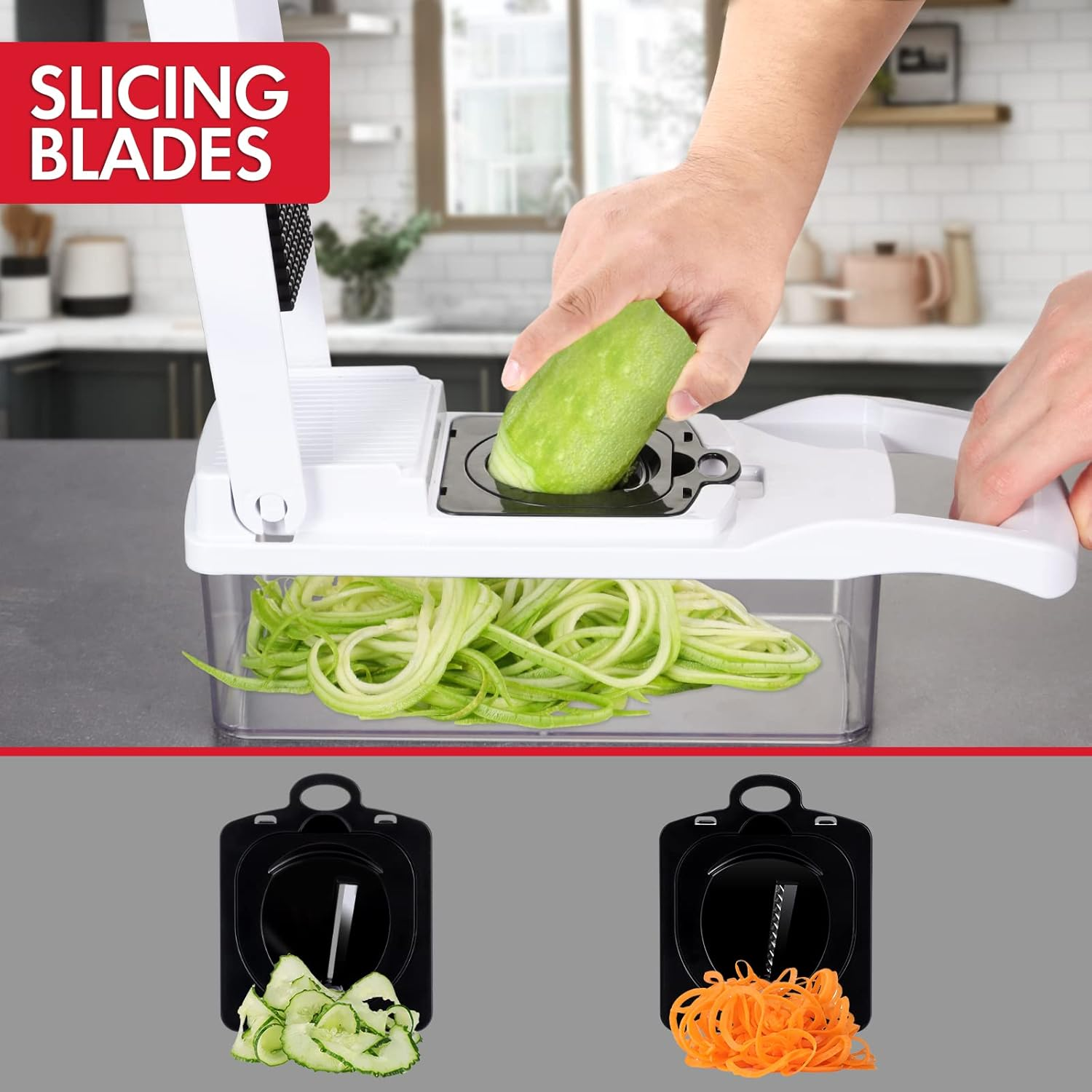 Ourokhome Vegetable Chopper Onion Cutter, 14 in 1 Professional Mandoline Slicer for Kitchen, Multifunctional Food Chopper for Potato, Tomato, Veggie with Strainer Basket, 10 Blades, Black - Gery image number 5