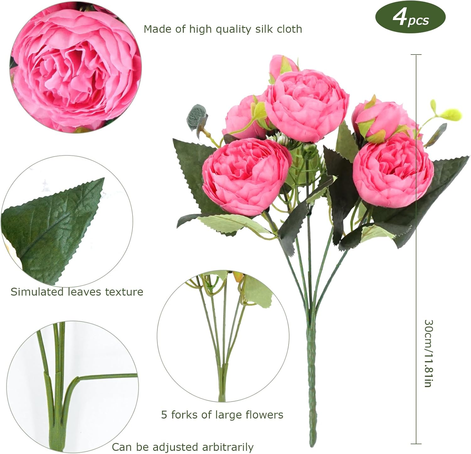 Lenamos 4 Packs Peonies Artificial Flowers, Silk Flowers Fake Peonies Artificial Flowers Peonies Bouquet for Centerpiece Table Wedding Party Home Decor (Rose Pink) - Light Pink image number 3