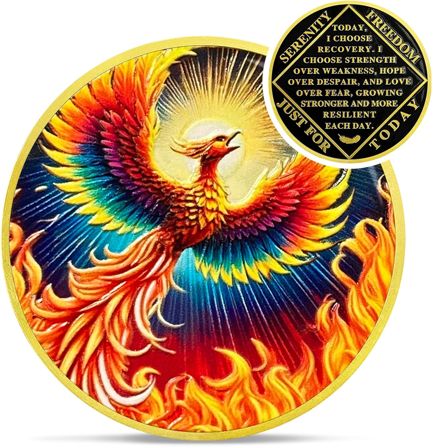 Colorful Sunlight Phoenix Na Medallions - Reborn from Fire Sobriety Coin - Recovery Addiction NA AA Chips and Medallions - Celebrate Living Clean Affirmation Narcotics Anonymous Gifts for Men Women