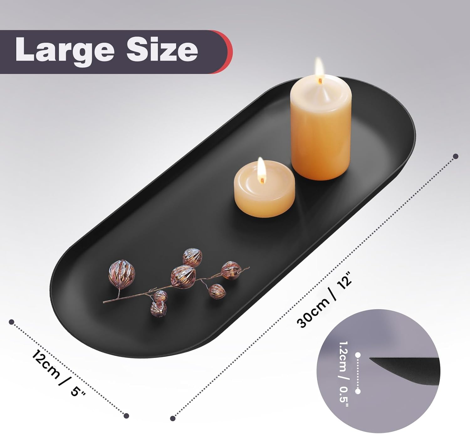 Black Bathroom Vanity Tray, Oval Small Decorative Serving Tray, Jewelry Dish Metal Trinket Tray, Perfume Candle Key Towel Storage Tray (Black, 30Cm 1 Pcs)