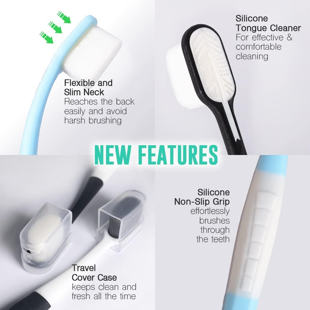 ACASSA, Super Soft Toothbrush, Nano Toothbrush, Micro Toothbrush, 20000 Bristle, Gum Toothbrush, Toothbrush in Case, Sensitive Toothbrushes, Nano Toothbrushes for Adults and Kids, Slim, Pink, Blue - Black-White image number 3