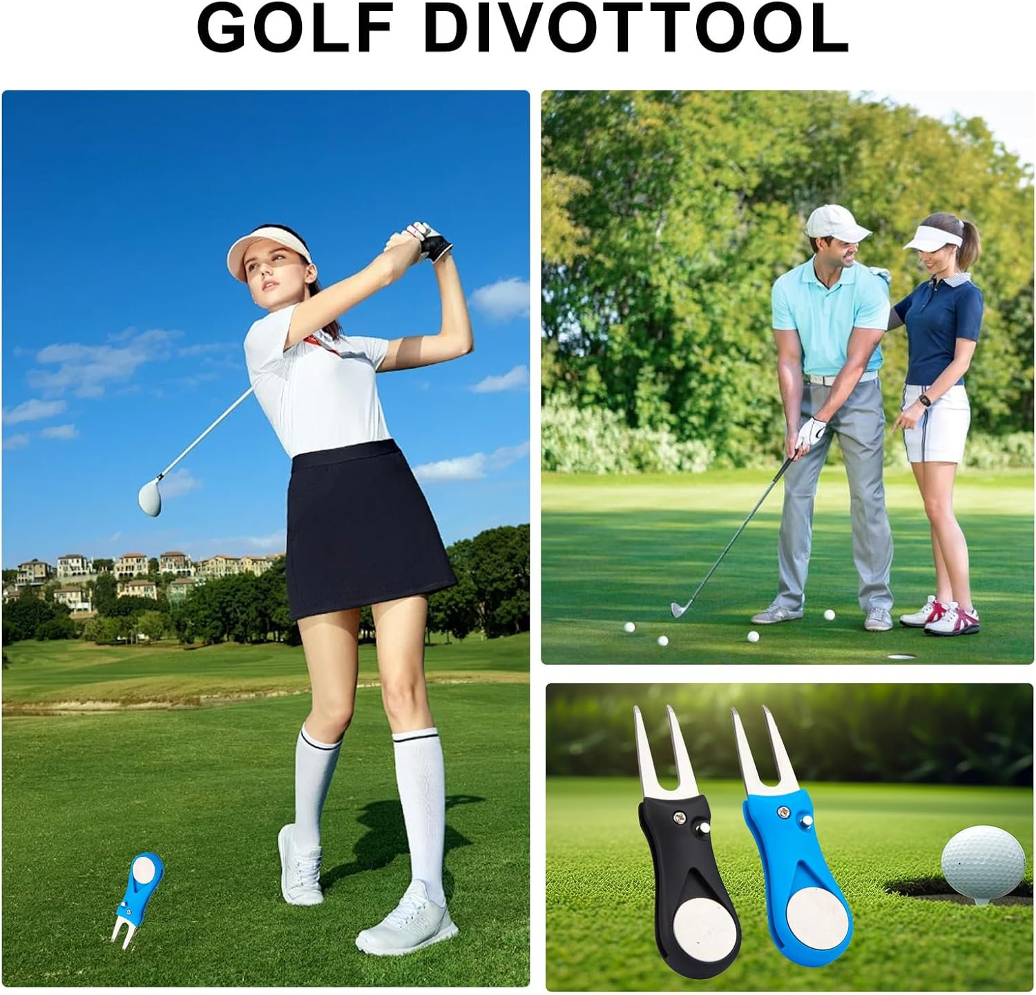 Golf Divot Repair Tool, 2 Pack Divot Fork with Magnetic Button Ball Marker, Stainless Steel Foldable Pop-Up Divot Turf Fork Metal Putting Fork Golf Green Tool for Golfers, Black & Blue