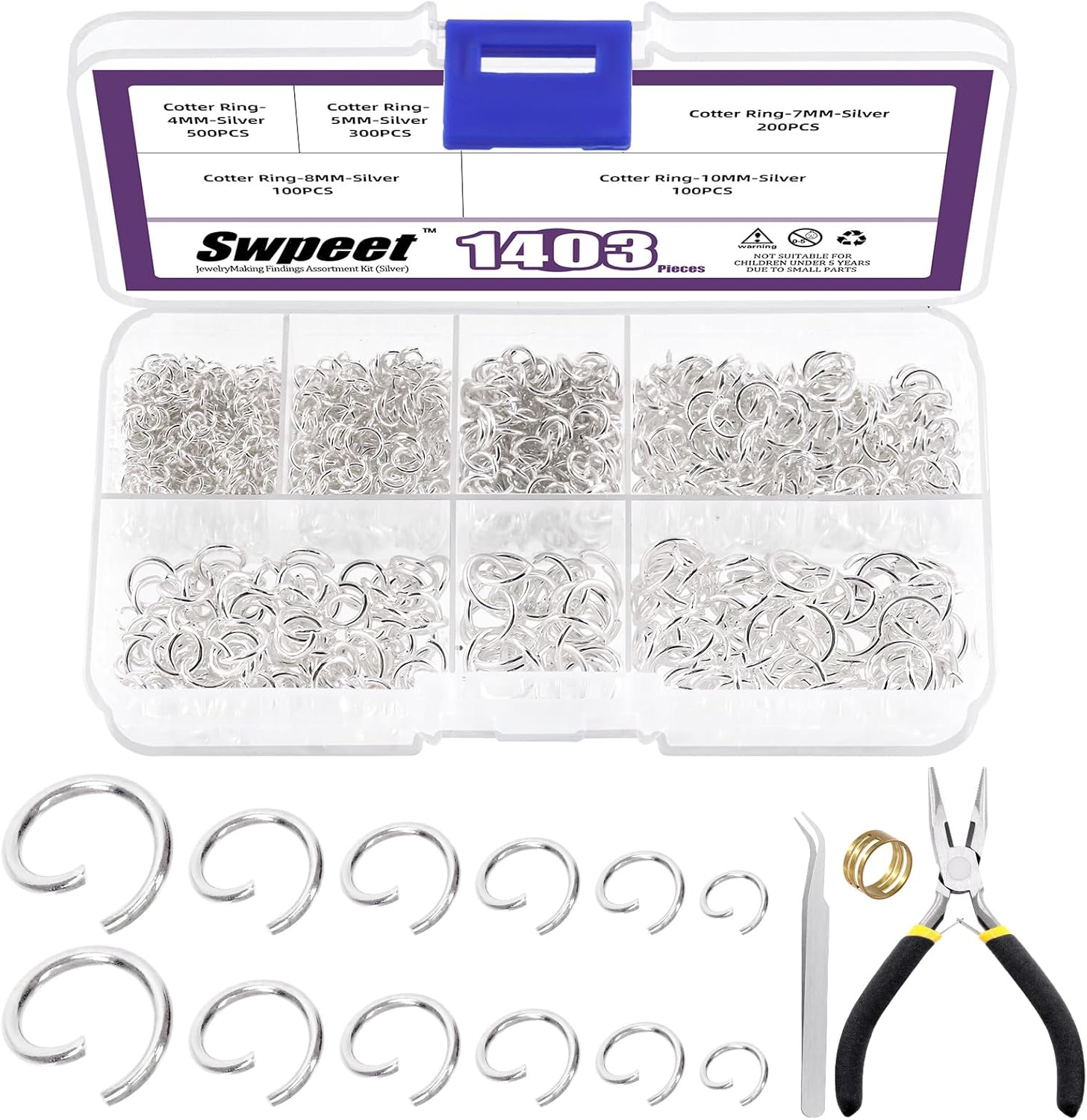 Swpeet 1403Pcs Mixed Size 4-10Mm Silver Open Jump Rings Kit with Tweezer, Jump Ring Pliers and Jump Ring Opener, round Ring Connectors for Jewelry Making Supplies and Necklace Repair