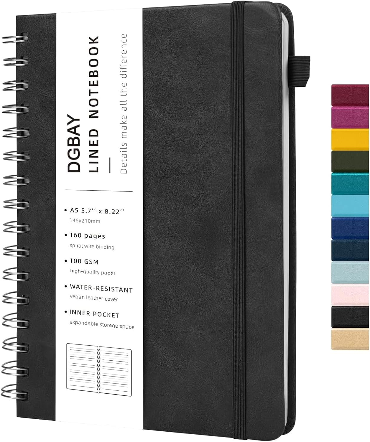 Lined Spiral Notebook Journal for Women Men 200 Pages A5 College Ruled Hardcover Leather with Pen Holder Notebook Journals for Note Taking Work (Green)