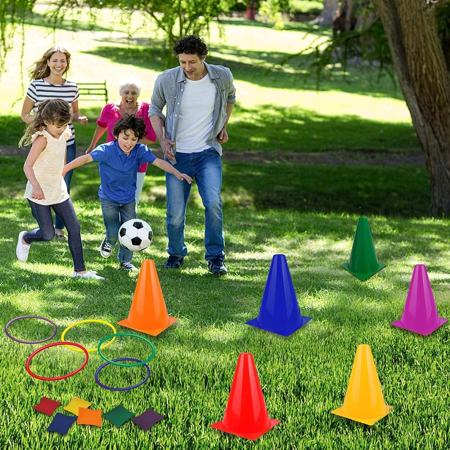 6 Throwing Buckets+10 Circles+10 Beanbags+1 Storage Bag,Colorful Happy Circle Game,Soft Plastic Cones Bean Bags Ring Toss Games for Kids Birthday Party Outdoor Games Supplies(Random Color) image number 1