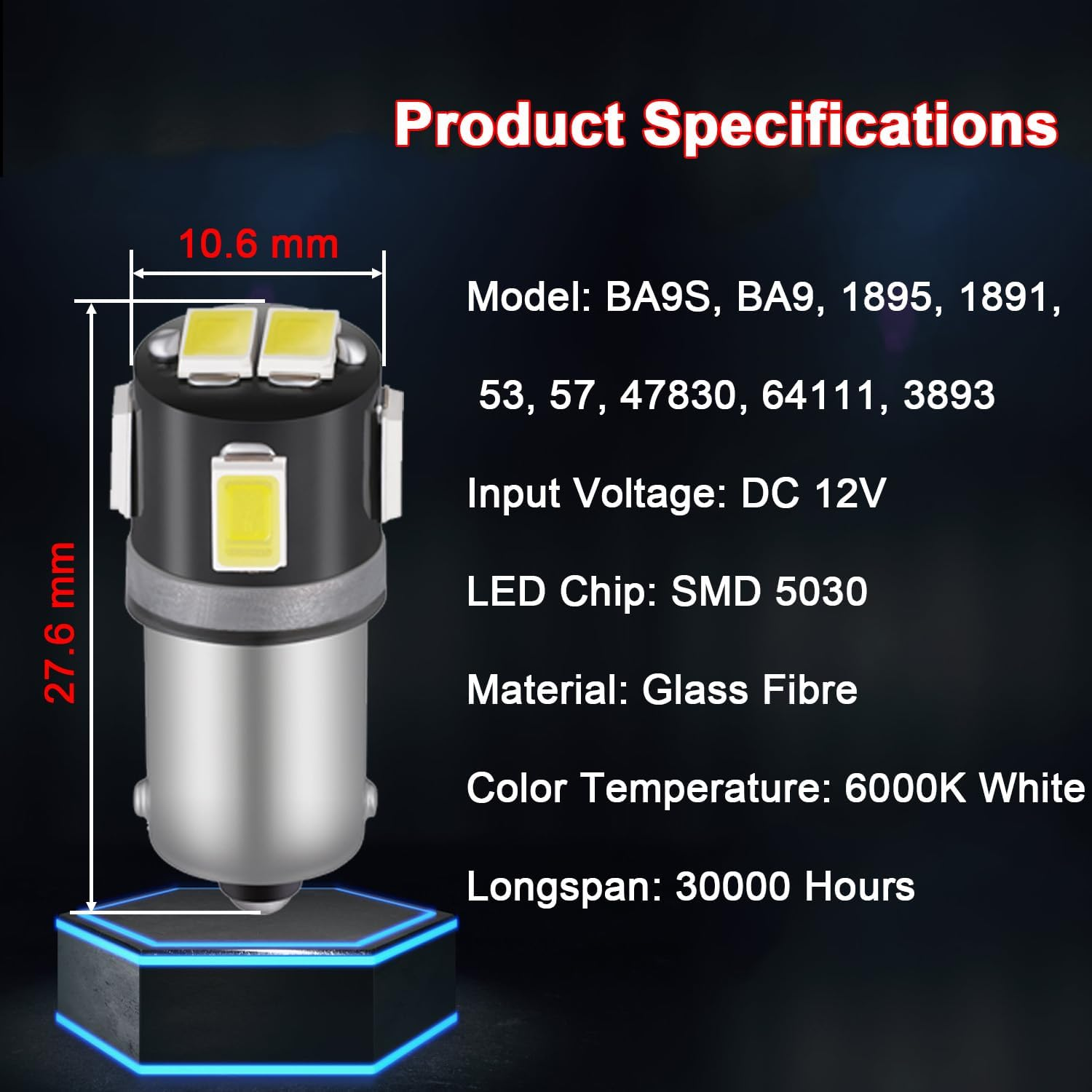 BA9S LED Bulbs BA9 1895 1891 53 57 Light Bulb 6-SMD 5630 Chips 6000K White 47830 64111 3893 for Car Interior Reading Dome Map License Plate Glove Box Cargo Light, Pack of 4 image number 3