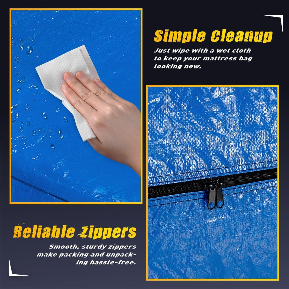 Mobi Mattress Bag for Moving & Storage, King Single Mattress Protector with 8 Handles & Wide-Opening Zippers, Reusable Mattress Cover & Moving Bag, Blue, 207X110X38Cm image number 6