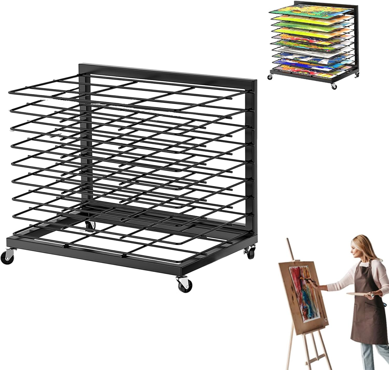HOOMFIT Portable Art Storage Rack,Painting Drying Rack, 9 Removable Shelves Art Drying Rack with Lockable Wheels image number 6