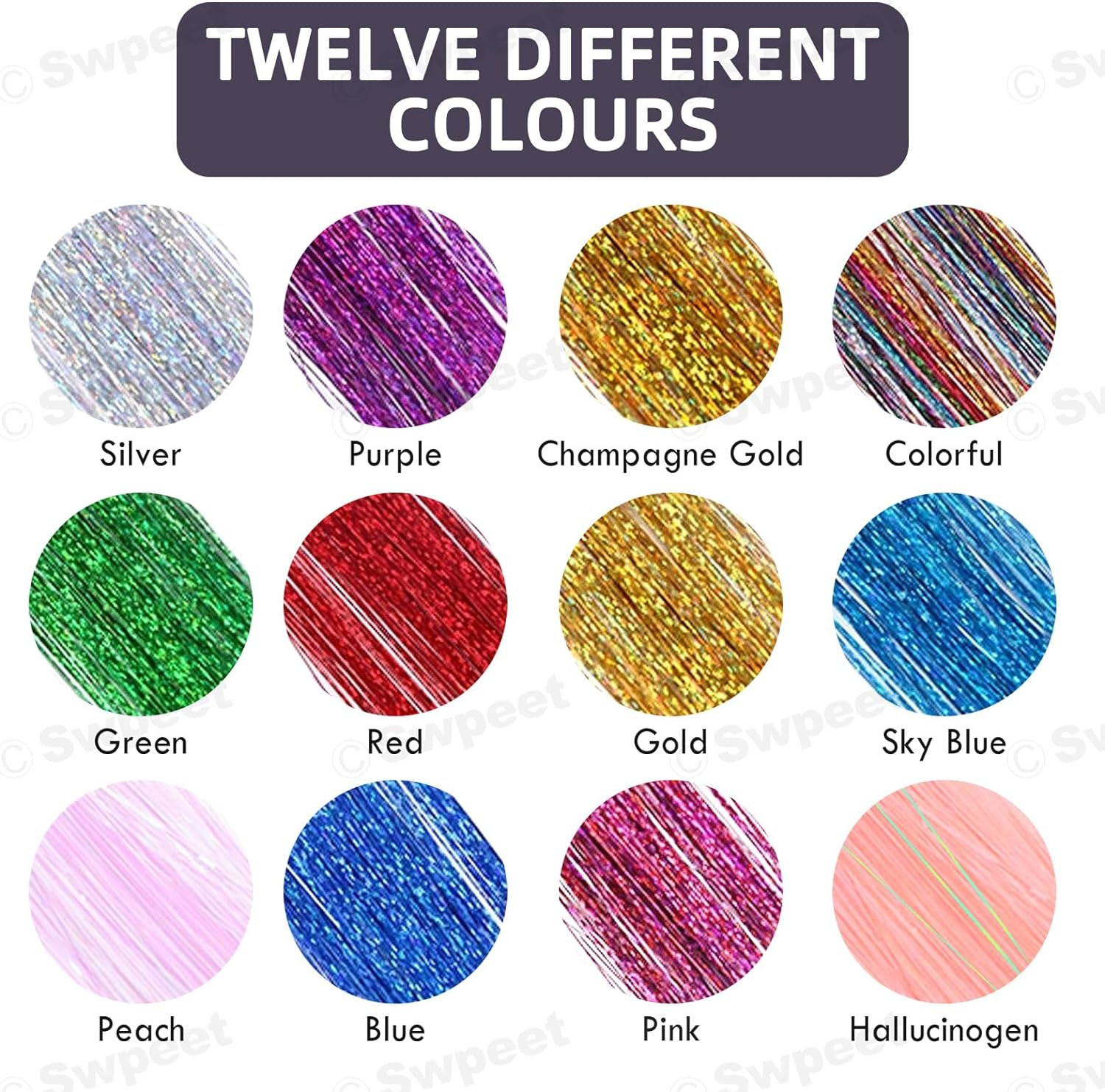Swpeet 214Pcs 47" Hair Tinsel Kit Including 12 Mixed Colors 2400 Strands Hair Tinsel 200Pcs Silicone Lined Micro Ring Crochet Hook 5" Tweezer for Girl Kids Christmas New Year Halloween Cosplay Party image number 1