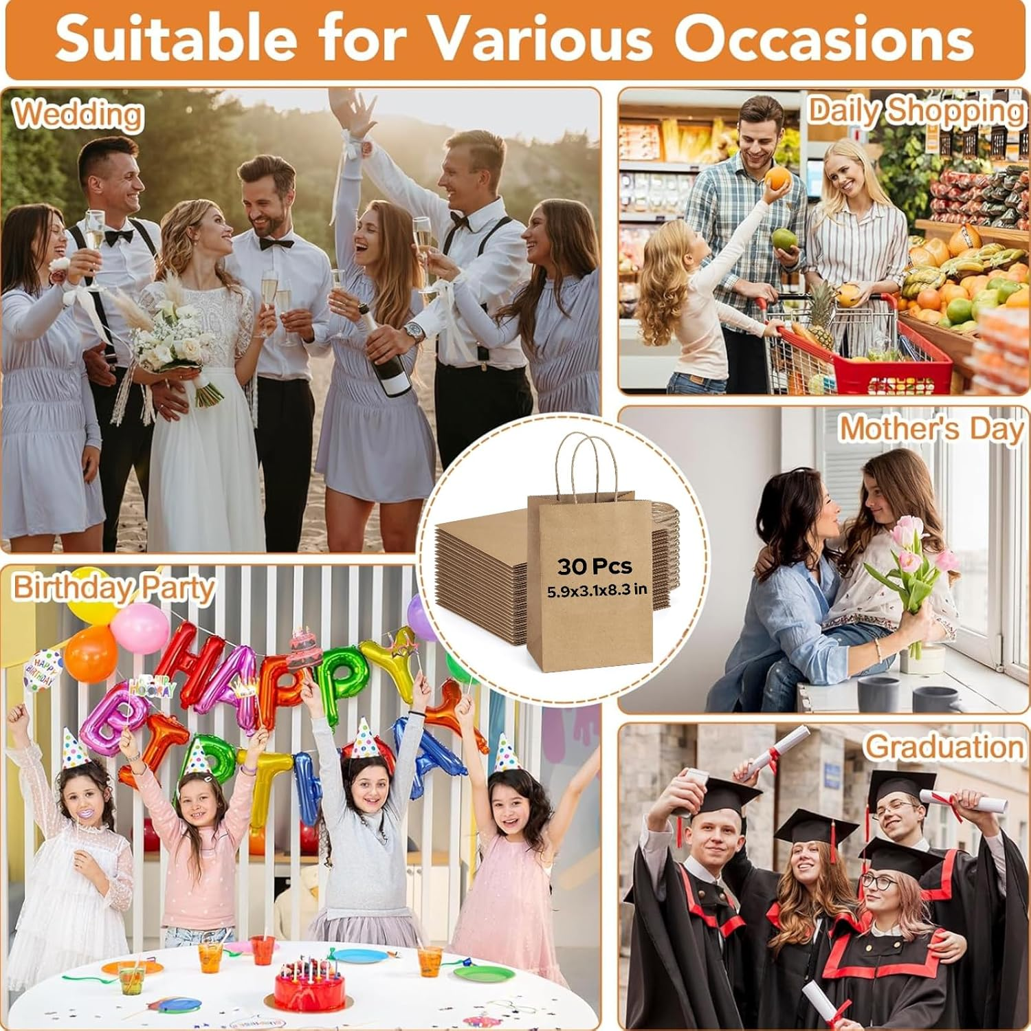 30 Pcs Kraft Paper Bags with Handles, 5.9X3.1X8.3 in Brown Gift Bags, for Business, Retail, Shopping, Party Favor image number 2