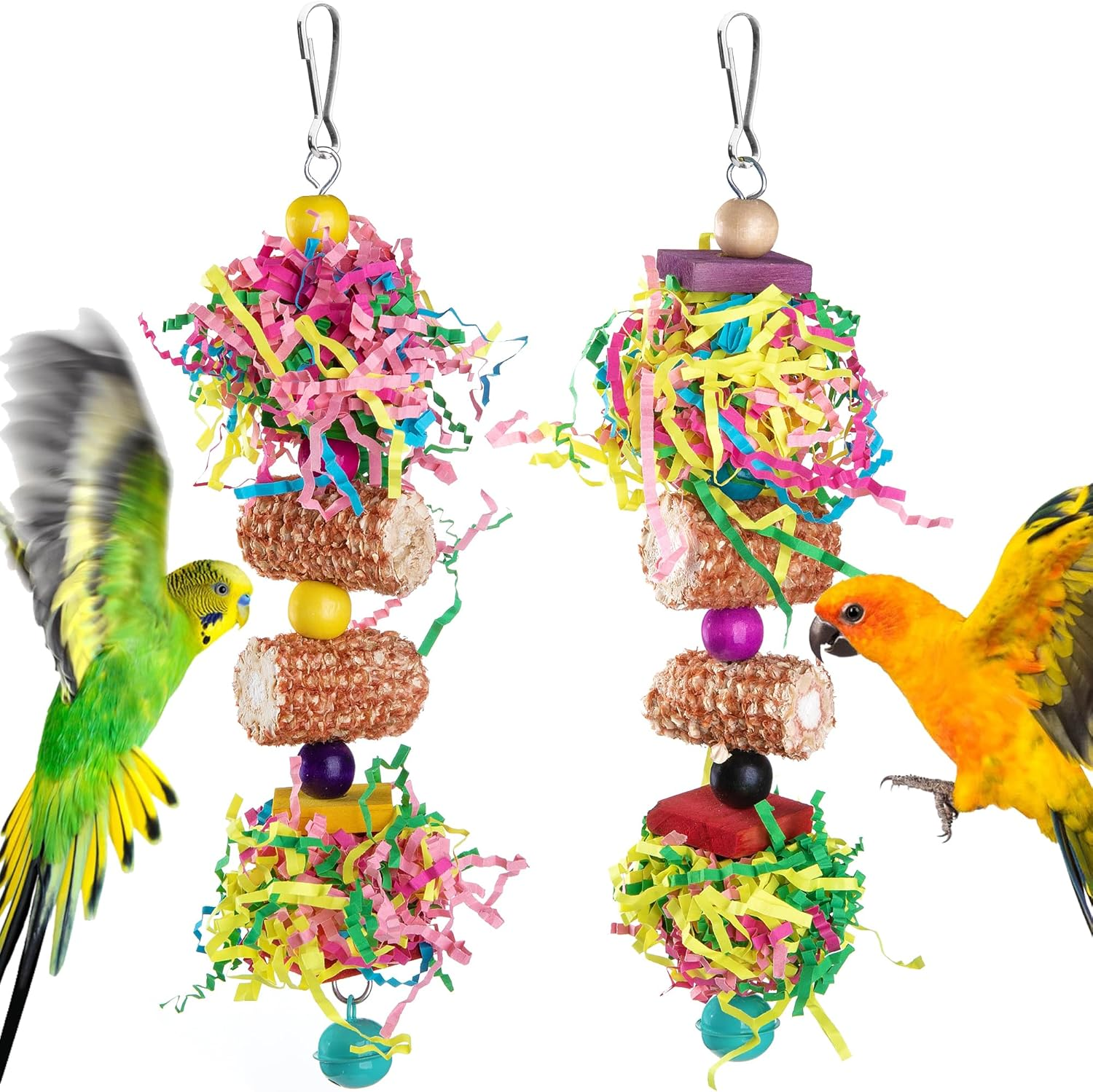 Widenlise 2 Pcs Bird Toys, Bird Shredding Toys, Parrot Chewing Toys, Cockatiel Toys, Include Natural Corn Cob Bells, Hanging Foraging Shredder Toy for Parakeets Budgies, Conures, Finches, A