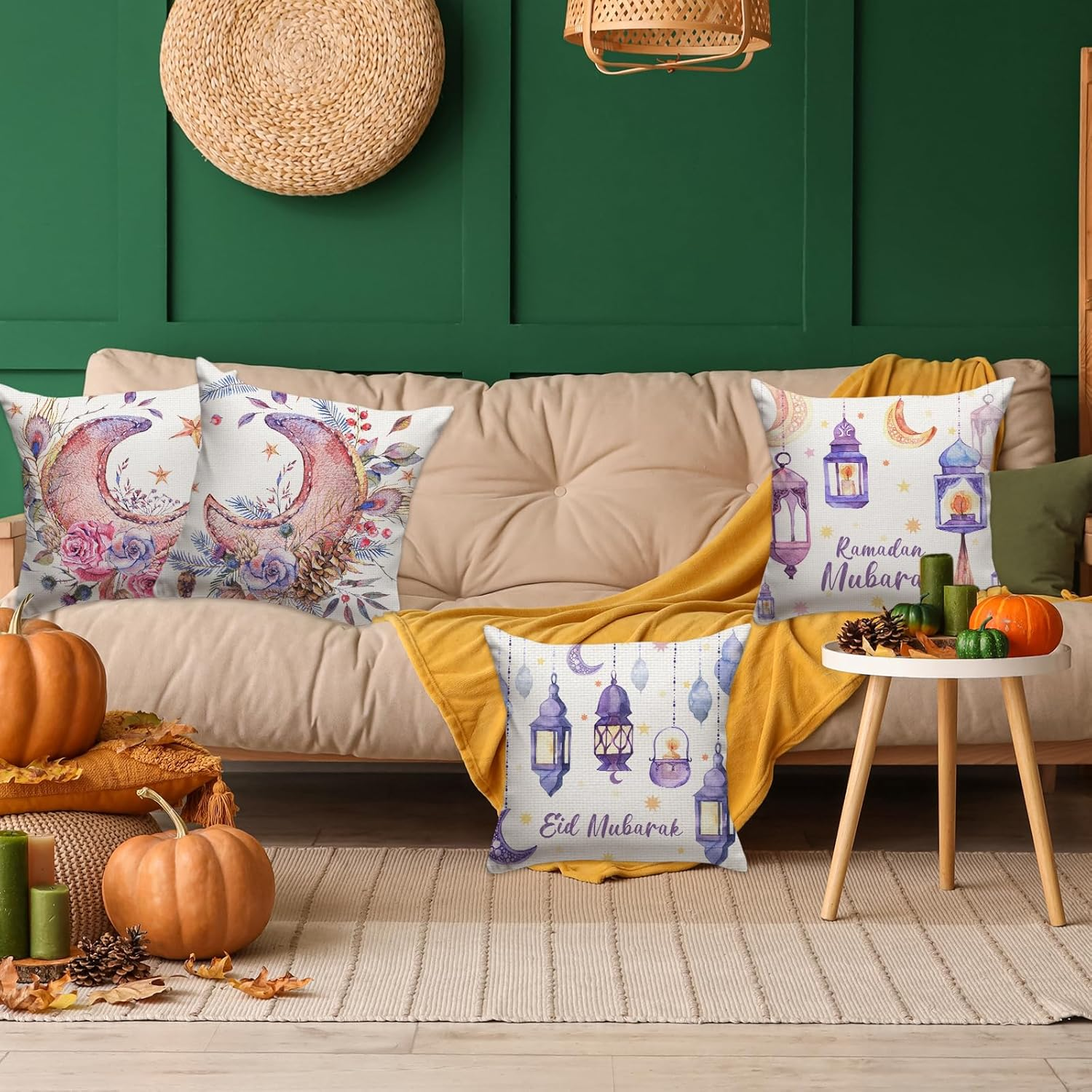 FARMNALL Linen Ramadan Mubarak Pillow Covers 18X18 Set of 4 Mosque Lantern Islamic Mubarak Pillow Case Decorations Bed Couch Sofa Car Chair Pillow image number 6