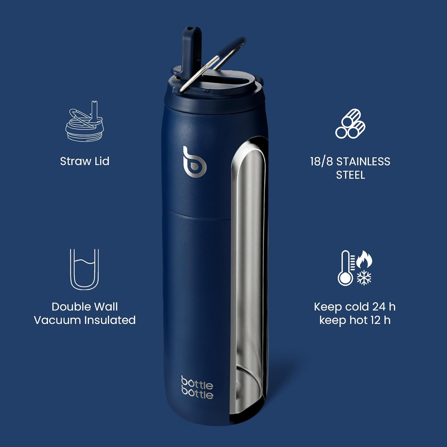 Bottle Bottle Stainless Steel Water Bottle with Straw and Lid 32Oz Vacuum Insulated Water Bottle Stay Cold for 24 Hrs, Hot for 12 Hrs, Leak-Proof Wide Mouth Water Bottles for Men,Indigo Blue - Black image number 3
