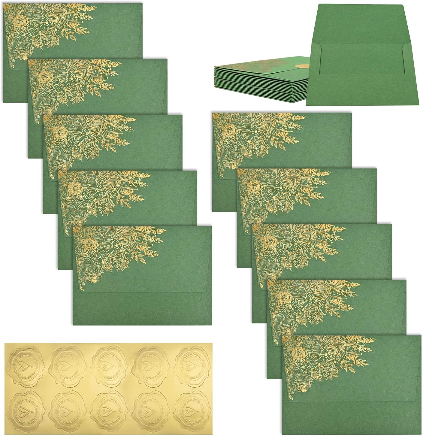 BAYTORY 10 Packs 4X6 Vintage Envelopes with Golden Flower Pattern, A6 Envelopes for Invitation, Greeting Card Envelope with Sealing Stickers for Weddings, Birthday, Graduation, Christmas (Green)