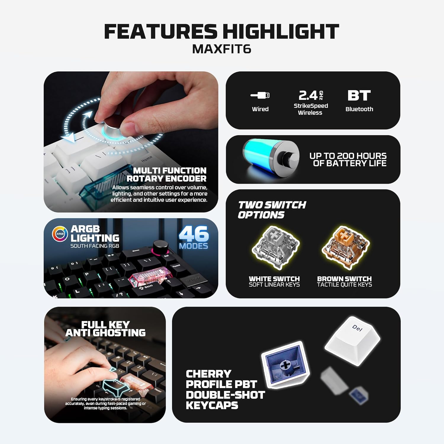 Fantech MAXFIT6 60% QMK/VIA Wireless Mechanical Keyboard with Knob, Hot Swappable with RGB Backlit Gaming Keyboard,Gasket Structure for Mac/Windows(Black; White Switch) image number 6