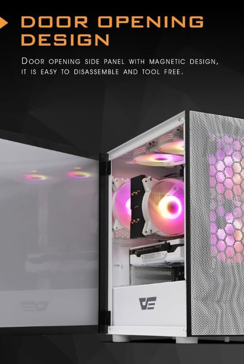 Darkflash DLM21 MESH Micro ATX Mini ITX Tower Microatx White Computer Case with Door Opening Tempered Glass Side Panel & Mesh Front Panel (White) image number 5