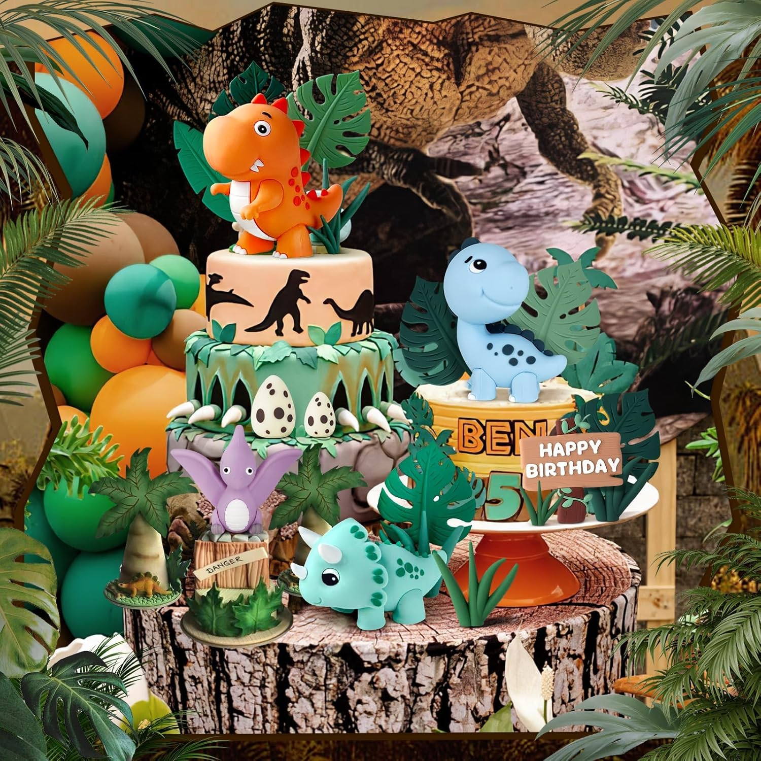 17PCS Dinosaur Cake Topper, Dinosaur Eggs Leaves Grasses Cake Decorations with Happy Birthday Sign Cake Toppers for Birthday Party Decorations, Safari Animal Themed Party image number 4