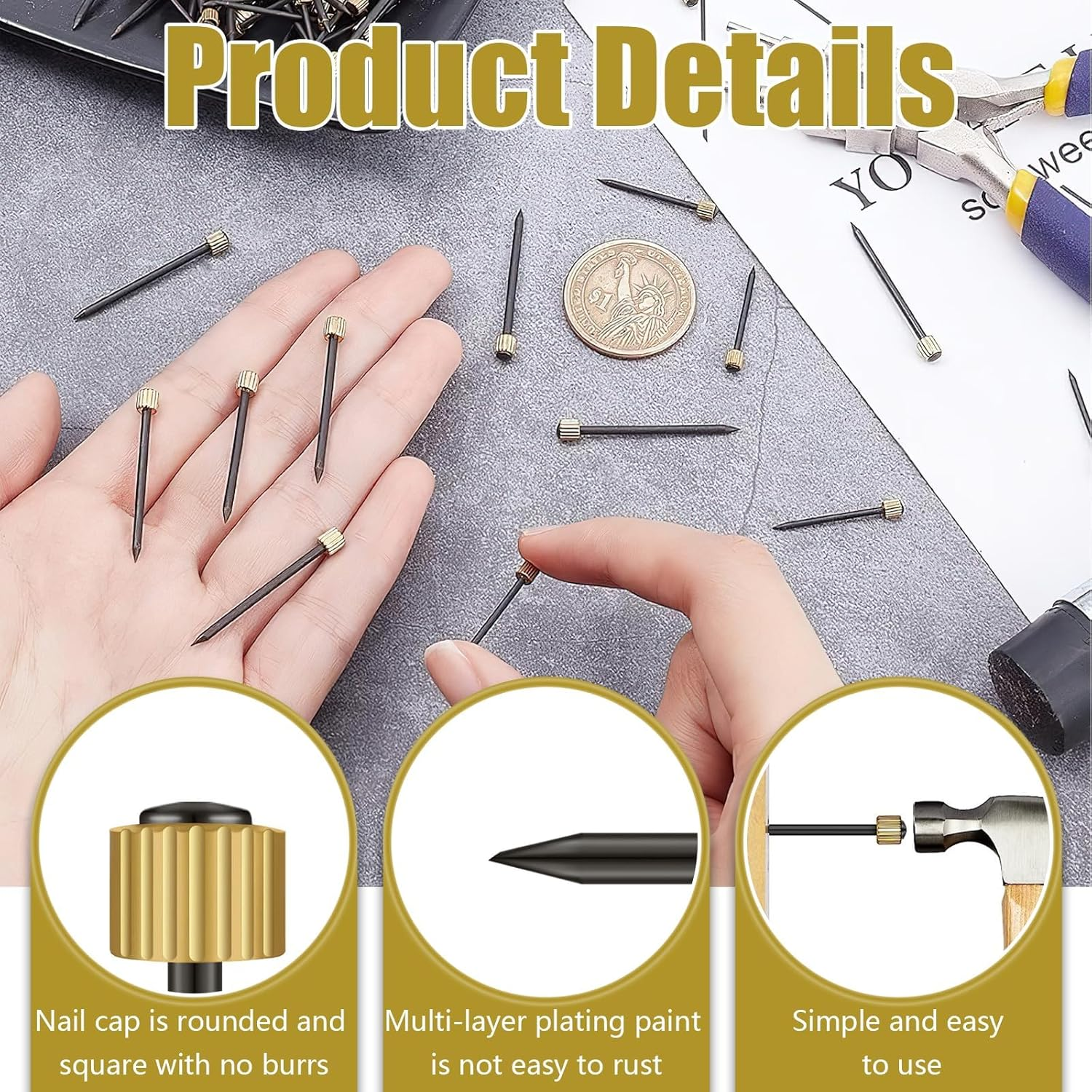 Picture Hanging Nails Kit, 120 Pcs Brass Head Picture Hanging Nails, Wall Decorative Nails for Photo Picture Frame Hanging image number 6