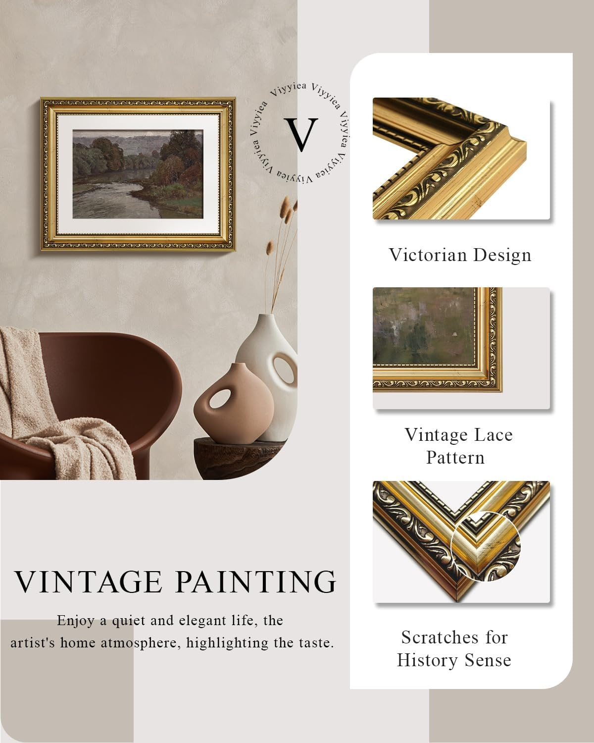 VIYYIEA Vintage Gold Framed River Wall Art, Bedroom Living Room Nature Scenery Picture Wall Decor, Canvas Prints, Antique Frame Landscape Paintings Home Classic Decor,11X14 Inch image number 3