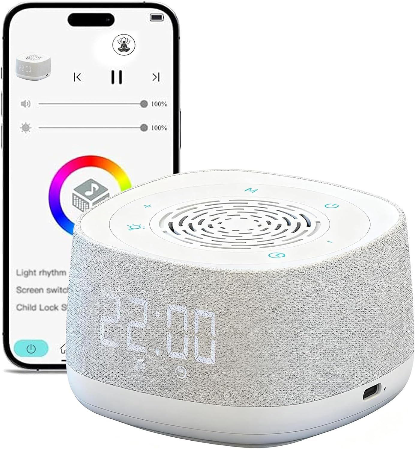 White Noise Machine & Alarm Clock with Bluetooth Music Player,14 Soothing Sound,7-Color Night Light,3-Timer Sleep Timer,Volume Control,Portable Hatch Sound Machine for Sleep/Office/Travel(White)