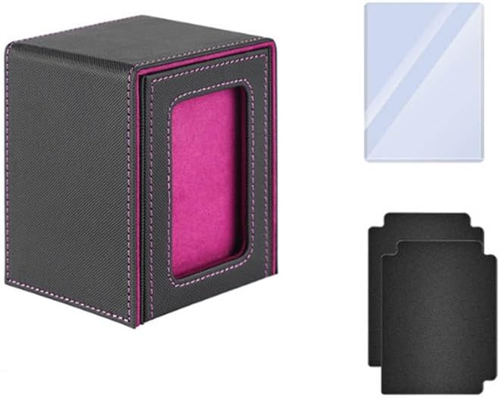 MTG Deck Box for Commander Display,Leather Deck Game Card Box Magnetic Card Game Box Case,Card Deck Box Fits 100 Double Sleeved Cards with 2 Dividers,1 Toploader (Black+Grey)